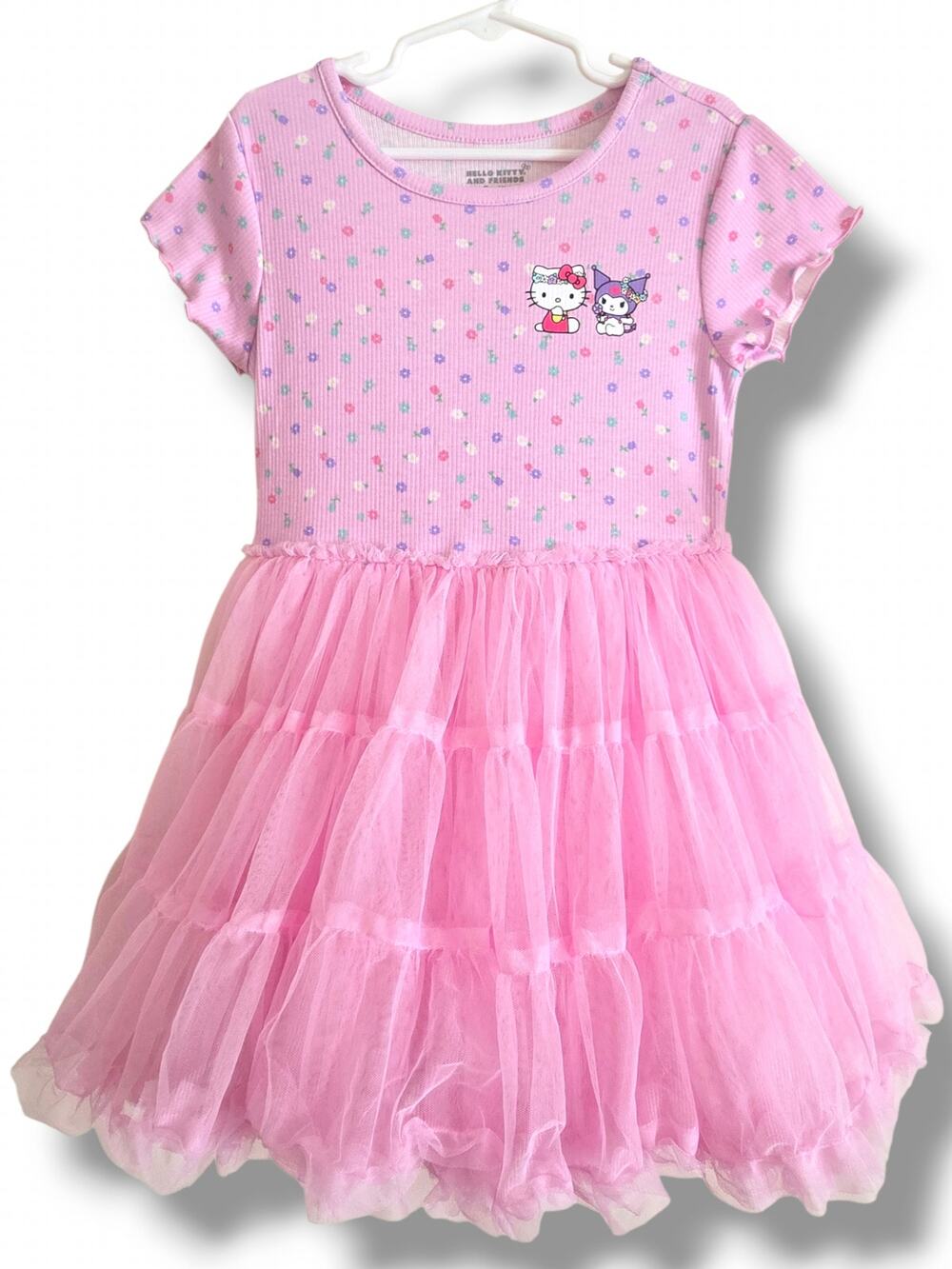 Sanrio Hello Kitty Kuromi Pink Ribbed Flutter Sleeve Tulle Dress Girls 6/7 Small